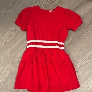 TCEC Red Short Puff Sleeve Dress with White Waist Stripes